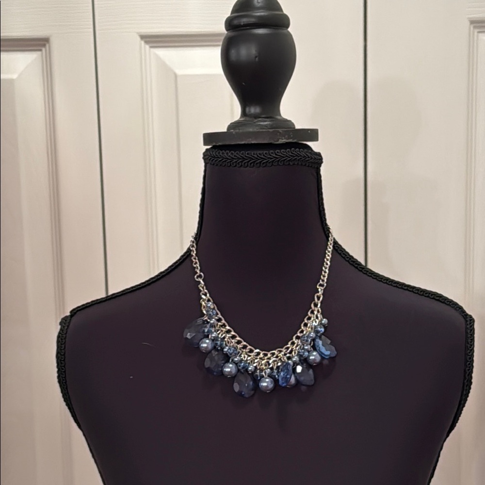 Blue and Silver Bib Necklace with Cascading Beads